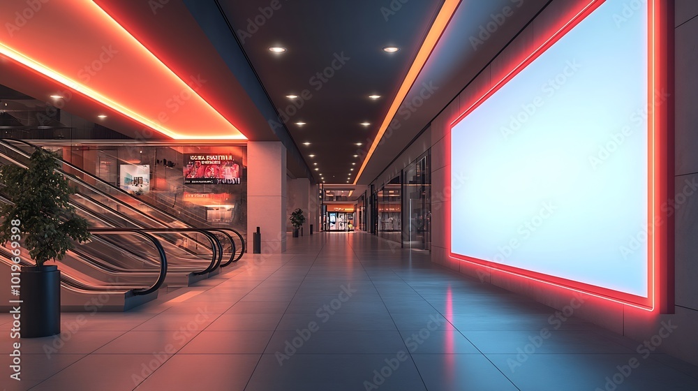 Poster mock up horizontal large billboard on the wall near escalator in shopping mall four lamps hanging on