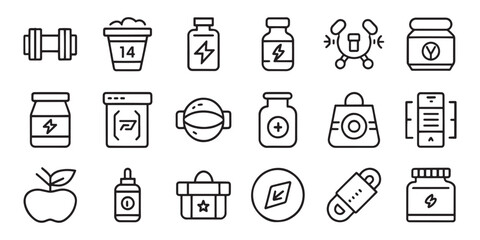  Sport supplements and fitness nutrition concept related editable stroke outline icons set isolated flat vector illustration on white background.