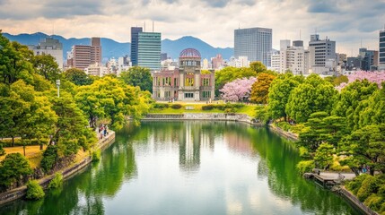 Fototapeta premium Scenic View of Hiroshima with Water and Cityscape