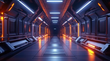 Naklejka premium Futuristic Sci-Fi Spaceship Corridor with Glowing Orange and White Lights