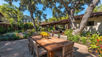 Obraz premium A serene outdoor dining area surrounded by lush greenery and trees.