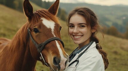 Horse woman veterinary and portrait outdoor for health and wellness in the countryside Happy doctor professional nurse or vet person with an animal for help healthcare and medical care : Generative AI