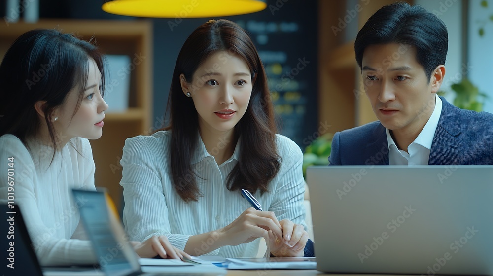 Fototapete asian project manager uses laptop displayed data analysis while professional business team brainstor