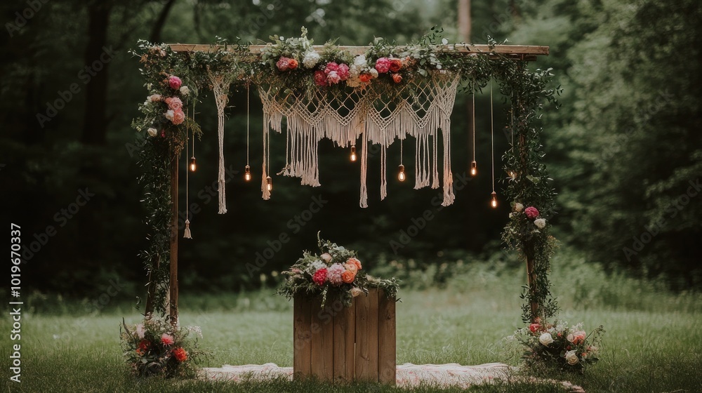 Sticker A beautifully decorated outdoor wedding altar with flowers and hanging lights.