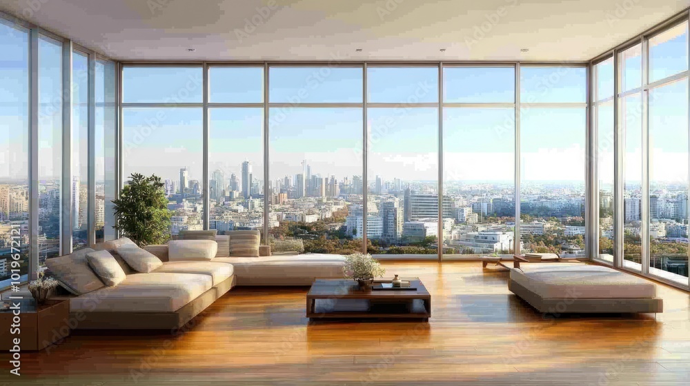 Poster Modern living room with panoramic city view and minimalist design.