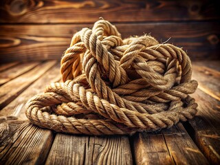 Fototapeta premium Close-Up of Sustainable Jute Rope Falling in Slow Motion on Wooden Surface