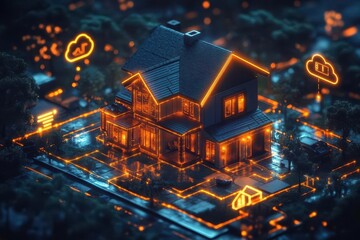 Obraz premium smart home ecosystem holographic interface connecting various smart devices cloud technology symbols iot concept glowing network lines on dark background