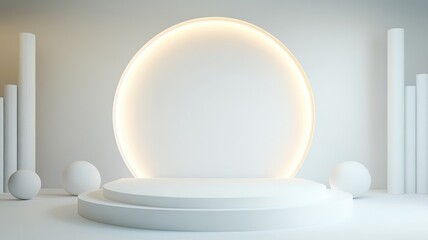 White Minimalist Product Display with Circular Platform and Backlit Oval