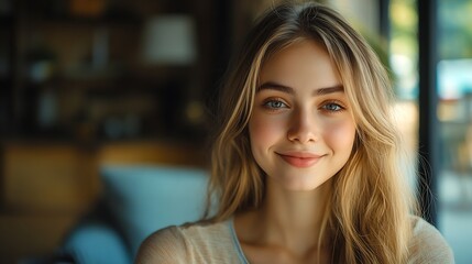 Portrait of smiling young woman posing while looking at camera in the living room at home : Generative AI