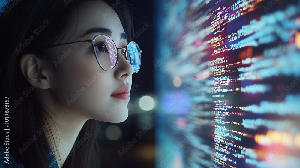 Poster Computer code hologram and woman thinking of data analytics information technology or software overlay at night Laptop solution and IT people with algorithm statistics and cybersecurit : Generative AI