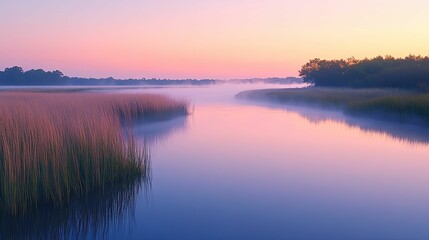 Fototapeta premium Tranquil River at Dawn with Mist and Reeds
