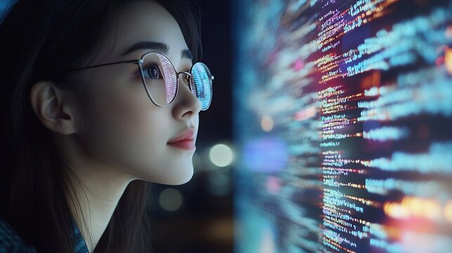 Computer code hologram and woman thinking of data analytics information technology or software overlay at night Laptop solution and IT people with algorithm statistics and cybersecurit : Generative AI