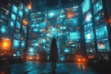 Fototapeta premium smart tv showcasing a digital media wall filled with various screens creating a futuristic concept of technology and entertainment the environment is sleek and modern