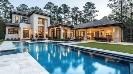Fototapeta premium Modern home with a pool surrounded by trees, showcasing luxury and outdoor living.