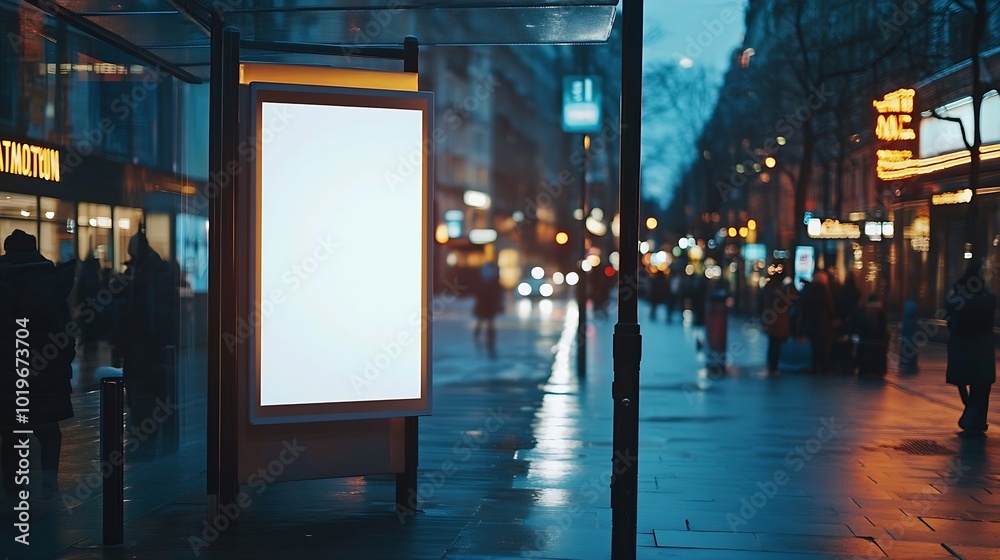 Poster concept of digital marketing in the city advertising billboard with white empty canvas on bus shelte