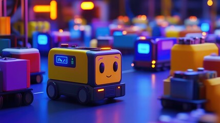 A smart factory scene showcasing autonomous robotic transportation systems, efficiently moving materials through a high-tech industrial environment enabled by 5G connectivity.