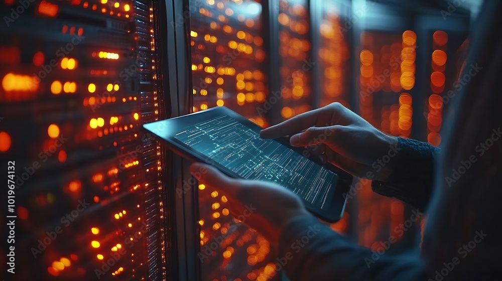 Poster Data science digital technology internet global network Computer programmer using digital tablet with data center and big data management innovation technology background software deve : Generative AI