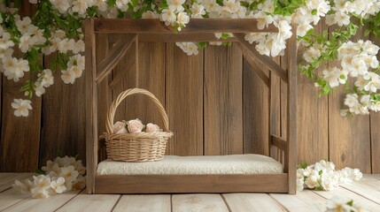 A wooden frame with a soft cushion and a basket of decorative items, surrounded by flowers.