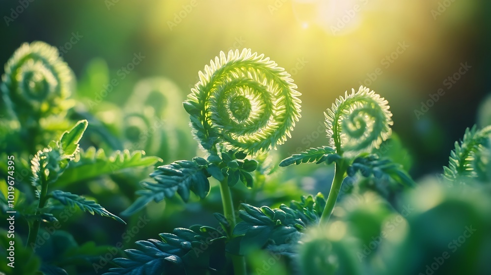 Leinwandbilder beautiful close up view of fresh green young wild ferns plantation bud in spiral form with shallow d