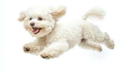 Obraz premium A playful white dog joyfully leaps in mid-air, showcasing its energy and happiness.