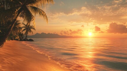 Palm trees silhouette on a tropical beach at sunset, golden light reflecting on the water.