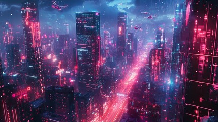 Fototapeta premium Neon-Lit Futuristic Cityscape with Flying Vehicles