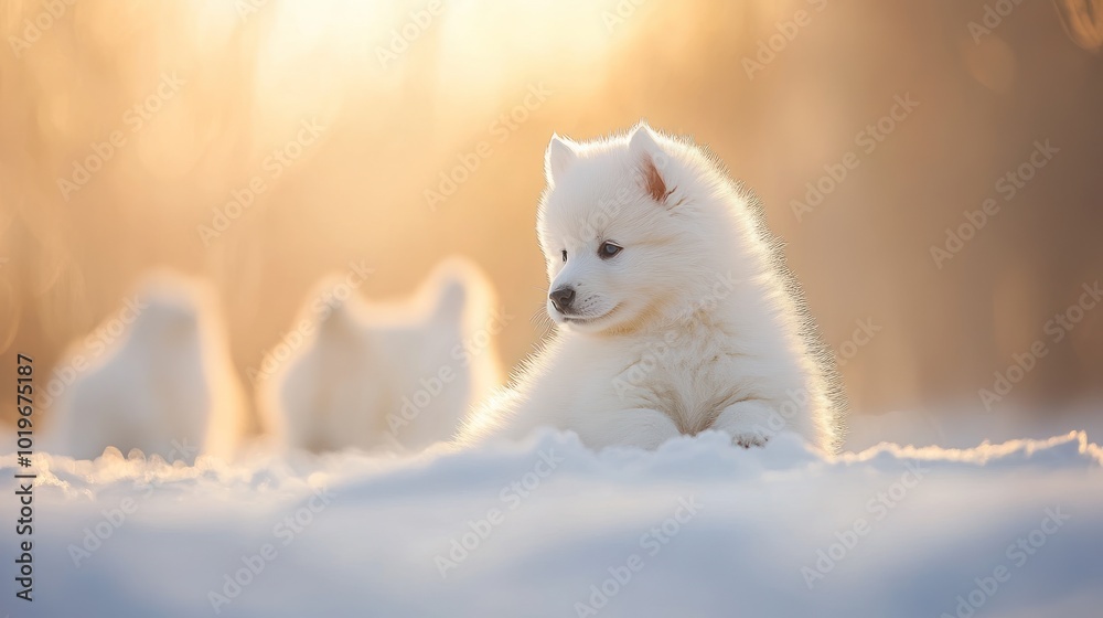 Canvas Prints A cute white puppy lies in the snow, with other puppies blurred in the background.