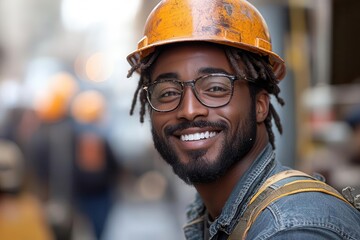 smiling builder wearing a hard hat on a bustling construction site radiating positivity and professionalism in a vibrant work environment
