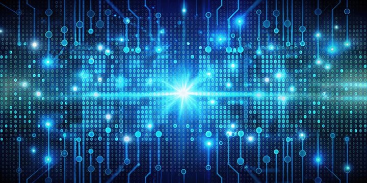 Abstract digital technology background with glowing circuit board and binary code pattern