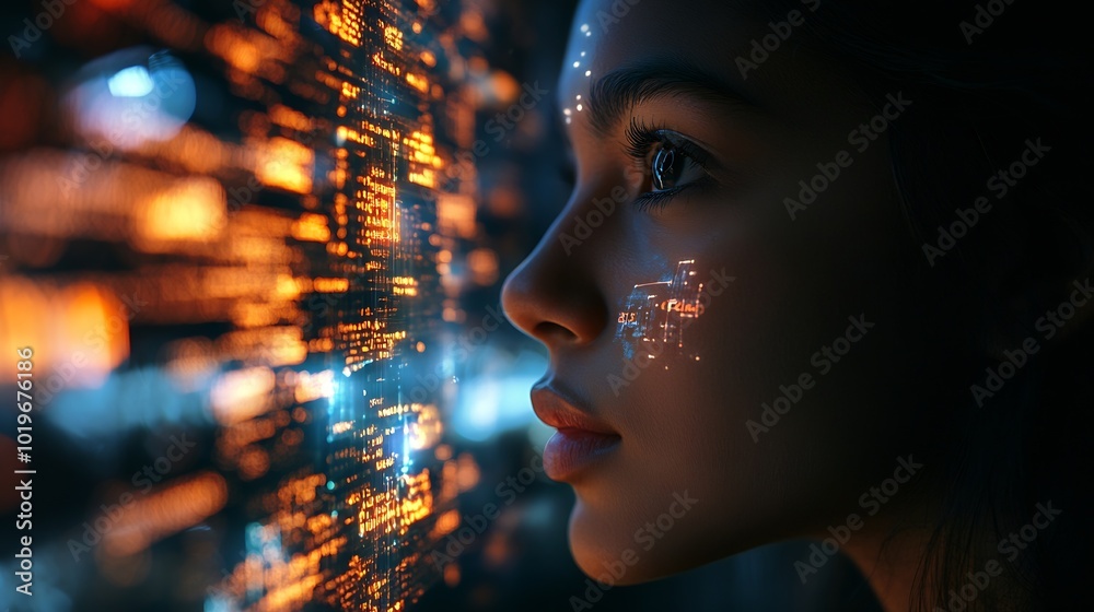 Fototapete Thinking code hologram and woman with tablet data analysis digital technology and software overlay at night Programmer or Indian person with 3d screen programming stats and cybersecuri : Generative AI