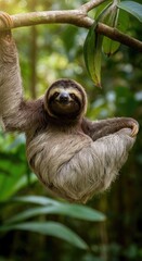 Serene Sloth Hanging from a Lush Green Tree Branch in Tropical Forest