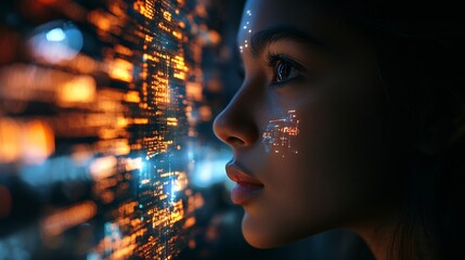 Thinking code hologram and woman with tablet data analysis digital technology and software overlay at night Programmer or Indian person with 3d screen programming stats and cybersecuri : Generative AI