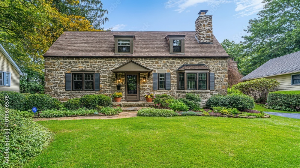 Canvas Prints A charming stone house with a well-maintained lawn and garden under a clear blue sky.