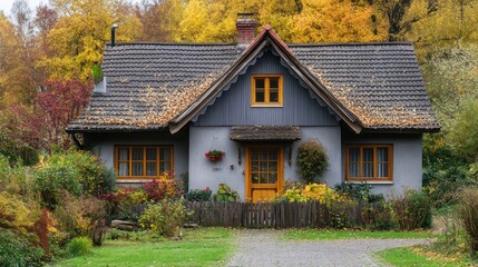 A charming cottage surrounded by colorful autumn foliage and a well-kept garden.