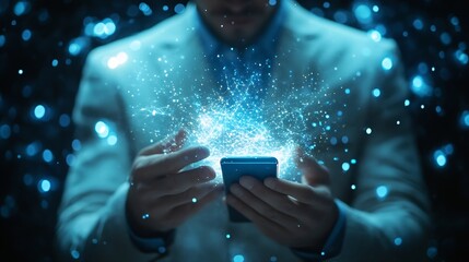 business man holding a mobile phone Showcasing technology from Artificial Intelligence cuttingedge holographic graphics extend beyond the screen Business data analysis assistant techno : Generative AI