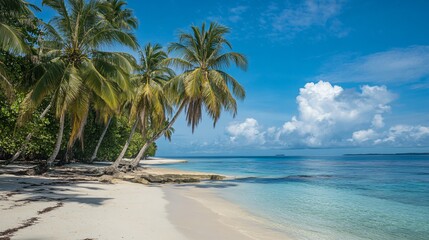 Fototapeta premium Palm trees stand on a white sand beach in front of clear turquoise water.