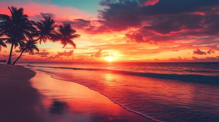 Palm trees silhouetted on a beach at sunset with a fiery red sky.