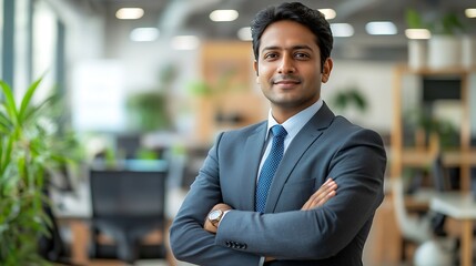 Happy Indian businessman professional leader standing arms crossed in office Smiling male employee business man company executive manager confident eastern entrepreneur at work portrai : Generative AI