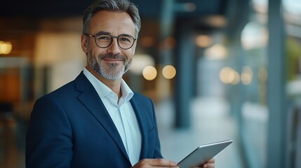 Portrait of happy smiling 45 years old business man executive standing in office using digital tablet Middle aged businessman manager wearing suit glasses working on professional finan : Generative AI