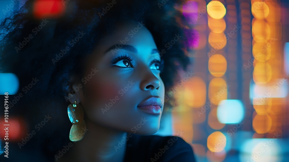 Poster Black woman working in office and communication network concept ICT Information Communication Technology Cloud computing System engineering : Generative AI