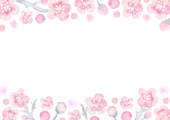 Fototapeta premium 水彩で描いた梅の花のフレームイラスト