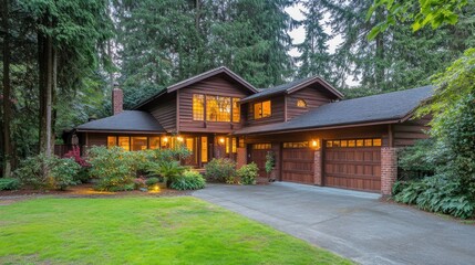 A cozy wooden house surrounded by lush greenery in a tranquil setting.