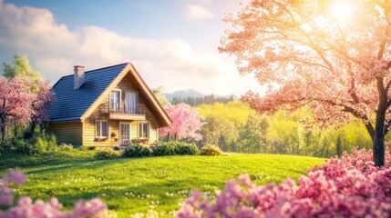 A picturesque house surrounded by blooming trees in a serene landscape.