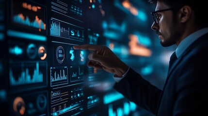 Fototapeta premium Futuristic business digital financial data technology concept for future big data analytic and business intelligence research for businessman analyst invest decisions making panoramic : Generative AI