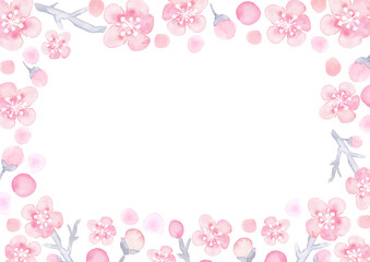 水彩で描いた梅の花のフレームイラスト