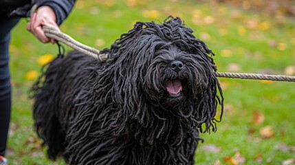 A cheerful black dog with long, curly fur being walked in a park.
