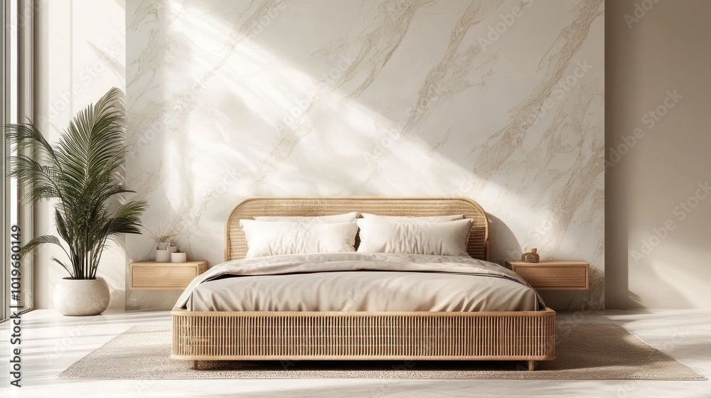 Wall mural A serene bedroom featuring a rattan bed, soft bedding, and a minimalist design.