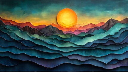 A vibrant paper art design features a red sun setting above blue waves, ocean landscape with textured layers