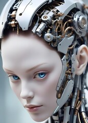 Fototapeta premium A young female cyborg , mechanical elements. appears to be a futuristic or science fiction character