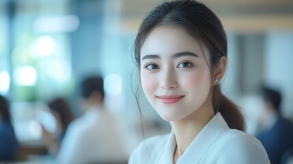 Obraz premium Smile tablet and secretary woman in boardroom of office to record minutes of meeting for planning Research strategy and tech with happy business woman in workplace for collaboration or : Generative AI